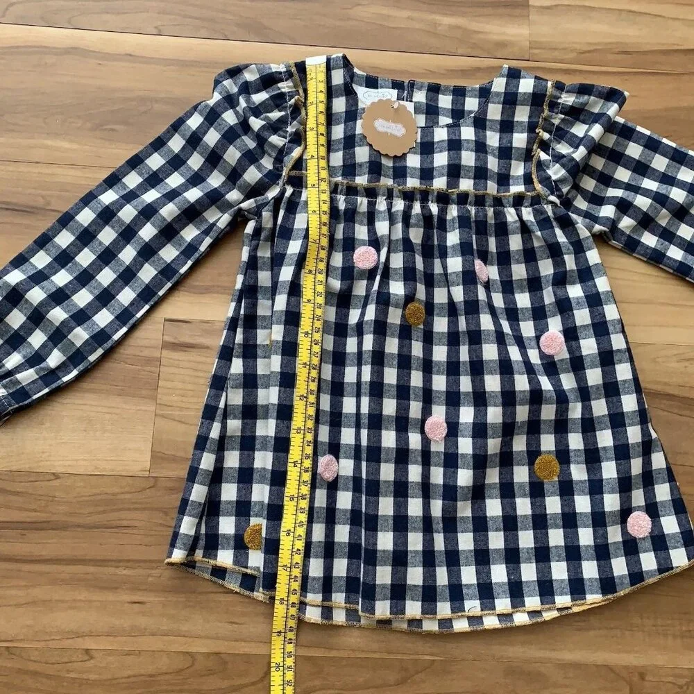 Mud Pie Girl’s Size 4T Blue White Gingham Dot Long Sleeve Tunic Top NWT